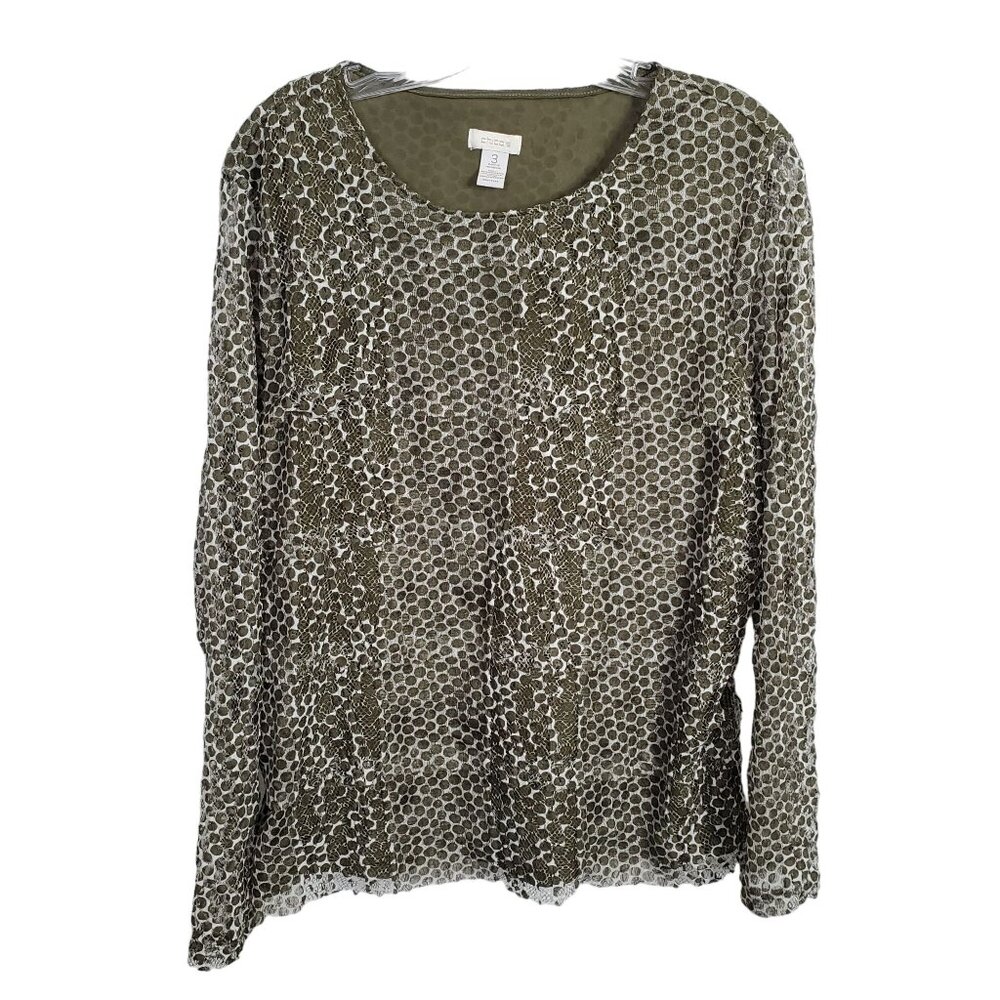 Chico's 3 Size XL Shirt Layered Ruffle Polka Dot Multi Mesh Lace Long Sleeves - Picture 2 of 9